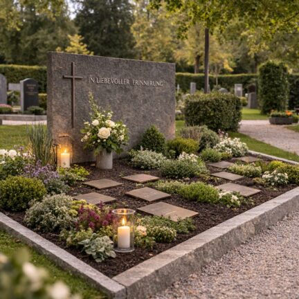 Friedhofsgrab mit Blumen und Gedenkkerzen