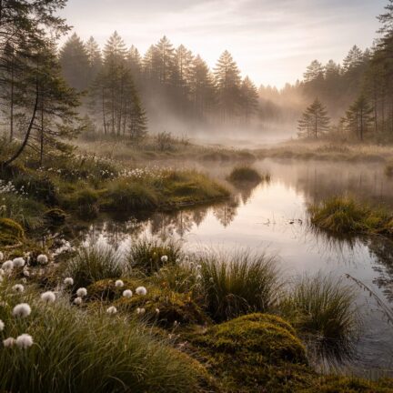 Nebliger Wald mit See im Morgenlicht