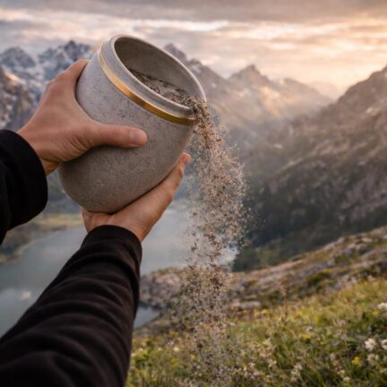 Asche verstreuen Asche wird in der Berglandschaft verstreut