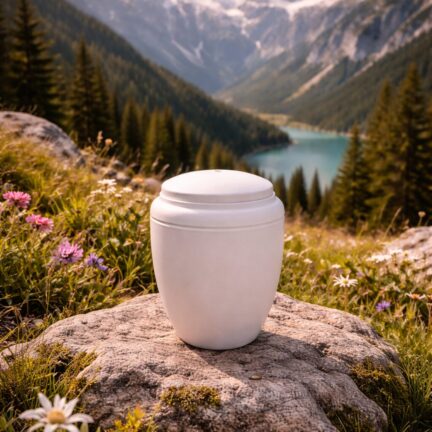 Wei&szlig;e Urne in alpiner Landschaft