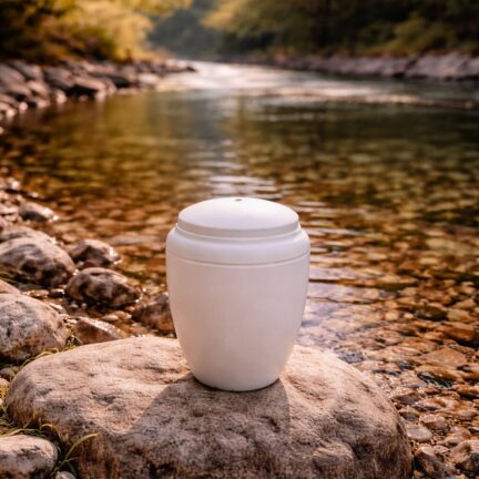 Weisse Urne auf einem Flussstein