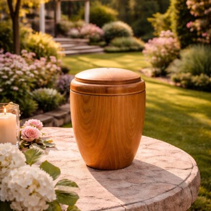 Holzurne auf Gartentisch mit Blumen