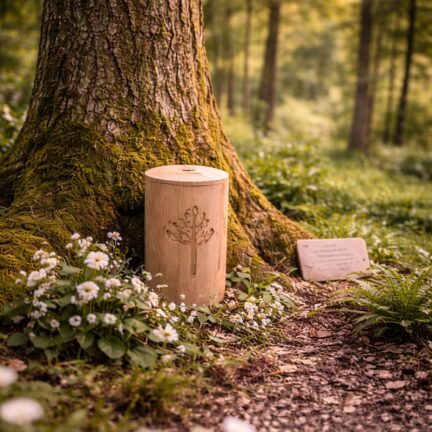 Holzurne neben Baum im Wald