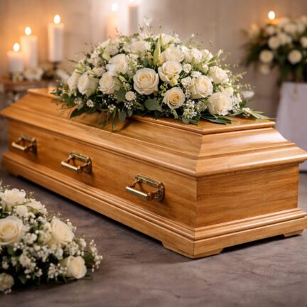 Holzsarg mit Blumen geschm&uuml;ckt
