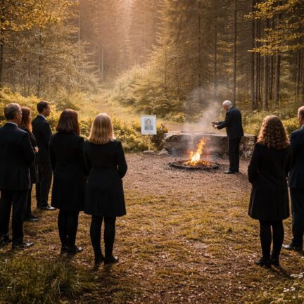 Menschen bei einem Waldritual mit Lagerfeuer